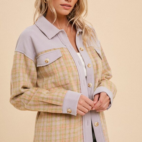 HEM & THREAD Plaid Shacket, Pastel Lilac & Beige, Oversized Button Down Jacket - Picture 5 of 6